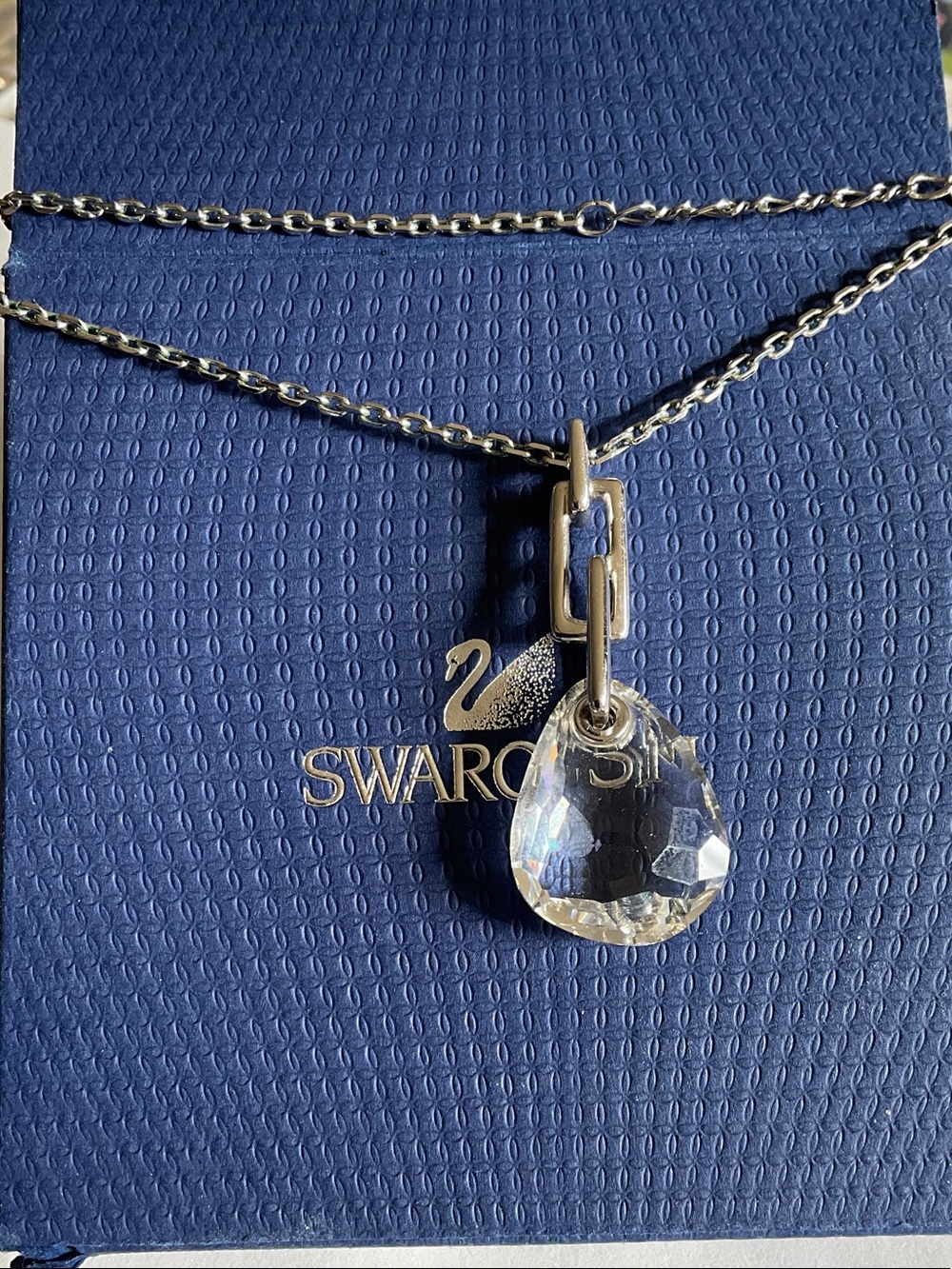 Swarovski Silver Crystal Teardrop Pendant Necklace - Clear